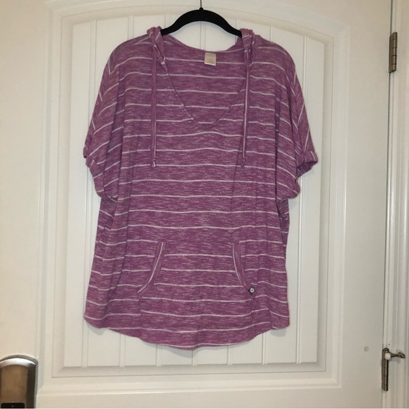 LIVI Active Purple & White Striped V-Neck Short Sleeve Hooded T-Shirt Size 18/20 - Picture 1 of 7